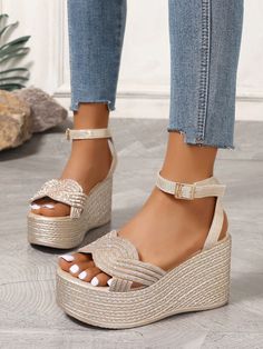 Dorado Vacación Collar    Sandalias cuñas Embellished Braided Strap, Beat The Heat, Ankle Strap Heels, Summer Style, Platform Sandals