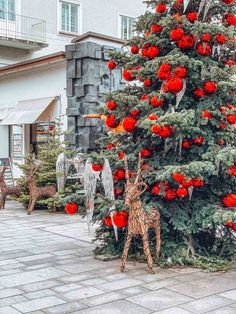 a christmas tree decorated with red balls and ornaments in front of a building on a street