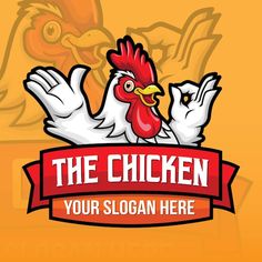 the chicken logo is red and white with an orange ribbon around it's neck