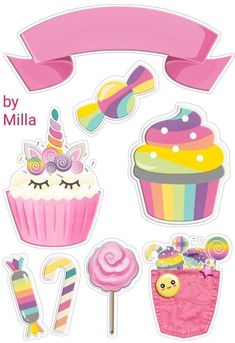 a bunch of cupcakes and candy stickers on a white background