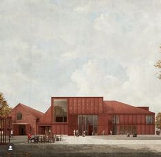 an artist's rendering of a large red building