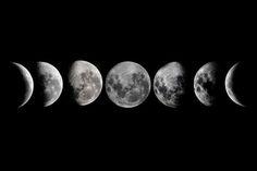 five phases of the moon are shown in black and white, as well as one half is