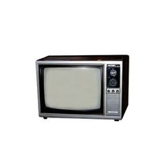 an old black and silver television on a white background