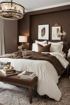 a bedroom with brown walls and white bedding