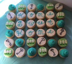 cupcakes with blue and green frosting are arranged in the shape of letters