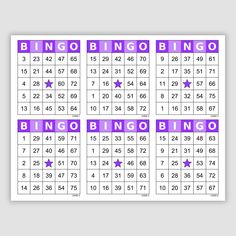 a purple and white print with the word bingo on it, which is surrounded by stars