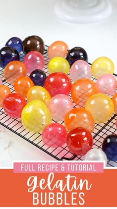 marbles on a cooling rack with text overlay that reads full recipe & tutor gelatin bubbles