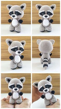 crocheted raccoon stuffed animal made to look like it is holding something in its mouth