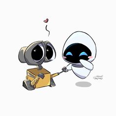 Cute Couple Art Drawings Easy, Eve Wall, Cute Couple Drawings Wallpaper, Drawing Cute Couple, Disney Couple Characters, Cute Couple Drawings Ideas, Eva And Wall E Tattoo, Wall E And Eve Matching Pfp, Walle Painting