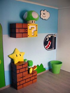 a child's room with mario and luigi on the wall, green potted plant