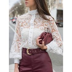 Type de Hauts:Haut à œillets; date d'inscription:07/05/2021; Tour de poitrine:null; Longueur:null Chic Lace Button-up Tops, Feminine Lace Top With Button-up Design, Elegant Button-up Blouse With Lace Top, Chic Button-up Lace Blouse, Chic Button-up Blouse With Lace Collar, White Lace Shirt, White Shirts Women, Eyelet Top, Plain Blouse