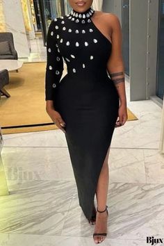 Bjux - Long Formal Bodycon Dress with Hot Drill Design Formal Bodycon Dress, Turtleneck Maxi Dress, Black Solid Color, Dinner Dresses, Bodycon Dress Formal, Evening Dinner, Fancy Gowns, Denim Jacket With Dress, Bodycon Maxi Dresses