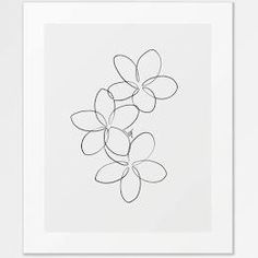 a black and white drawing of three flowers on a white background in a square frame