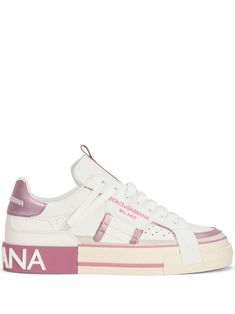 Shop Dolce & Gabbana logo-stripe low-top sneakers Dolce And Gabbana Shoes, Designer Sneakers Women, Dolce Gabbana Sneakers, Pink Details, Dolce Gabbana Shoes, Gucci Bamboo, White Leather Sneakers, Gucci Leather, Swag Shoes