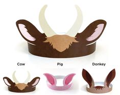 three different types of paper crowns with horns and ears on them, one is brown, the other is pink