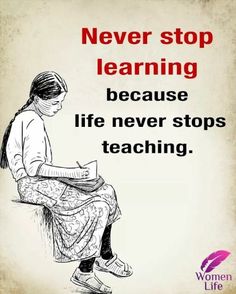 a woman sitting on top of a chair next to a sign that says never stop learning because