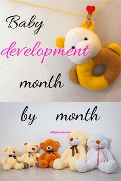 there are several stuffed animals hanging on the wall and in front of them is a sign that says baby development month by month