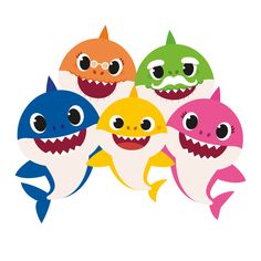 four different colored sharks with big eyes and one small shark's head in the middle