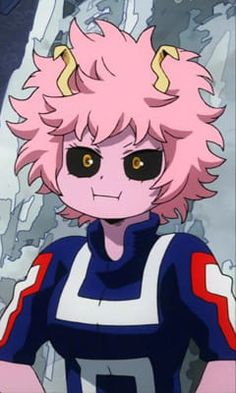 an anime character with pink hair and black eyes