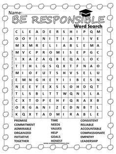 Be Responsible word search puzzle will make students find their characteristics and support to polish their individual and social identity. Fill In Puzzles, Social Identity, Substitute Binder, Being Responsible, Word Search Printables, Be Responsible, Sense Of Purpose, Helping Others, Word Search