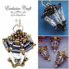 four different pictures of jewelry made from glass beads and metal wire, with the words exquisite craft above them