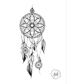 a black and white drawing of a dream catcher