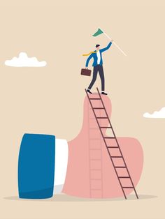 Success businessman climb up ladder of success to the top holding winning flag standing on thumb up metaphor of great job or mission accomplish. Ladder Of Success, Visual Metaphor, About Success, Mission Accomplished, Training And Development, 3d Assets