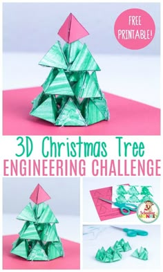 an origami christmas tree is shown with the text, 3d christmas tree engineering challenge