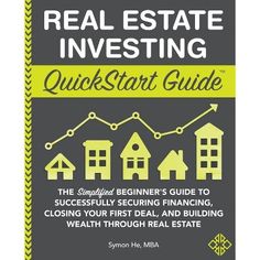 the real estate investing guide is shown in yellow and black, with an arrow pointing up to