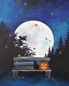 a painting of two cats sitting on a bench in front of a full moon and trees