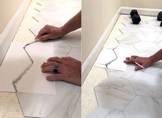 two photos of someone cutting up some tiles on the floor with scissors and tape, while another person is using a knife to cut them