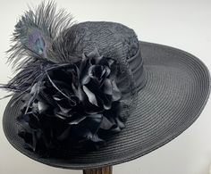 "VICTORIAN WIDE BRIM HAT - 1123 Custom made wide brim hat with Black lace covering the crown, Black lace bow, gorgeous black Roses, Ostrich feathers and a Black Peacock feather. The flowers can be worn in front or on the side.  SIZE:  Medium,  22\" - 22 1/2\" inches for the head circumference.                         There is an adjustable drawstring sweatband to adjust the fit                         Please measure your head to make sure the hat will fit. No guessing please.  No returns if it d Victorian Hats Woman, Black Wide Brim Hat, Mother Of The Bride Hats, Edwardian Hat, Black Peacock, Victorian Hats, Crown Black, Bride Hat, Women Hats