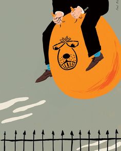 a man riding on the back of an orange dog in front of a black fence