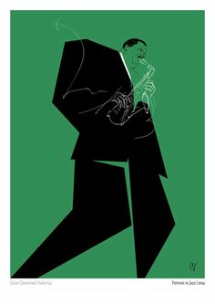 a drawing of a man in a suit and tie playing the trumpet with green background