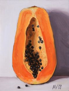 a painting of a papaya cut in half with seeds on the inside, and one slice missing