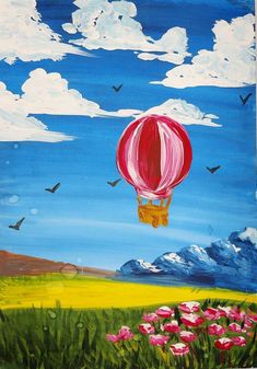 a painting of a hot air balloon flying in the sky over a field with flowers