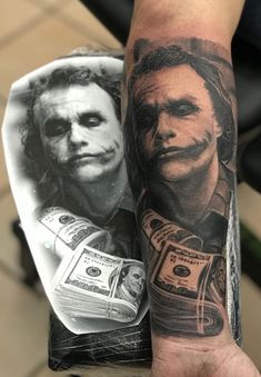 a man's arm with a portrait of two men on it and money in the other hand