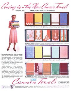 an advertisement for cannon towels from the 1950's, featuring a woman holding a stack of folded towels