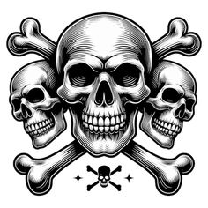 three skulls and crossbones with crossed bones in the middle, on a white background