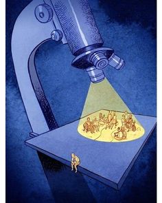 an illustration of a microscope with people looking at something in the light from it's side