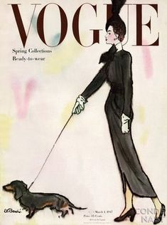 an old fashion magazine cover with a woman walking a dog