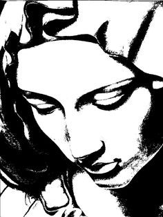 a black and white drawing of a woman's face with her eyes closed looking down