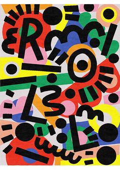 an abstract painting with letters and numbers in black, yellow, red, green, blue, pink, orange