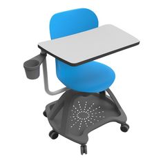 an office chair with a computer desk on it's back end and seat up