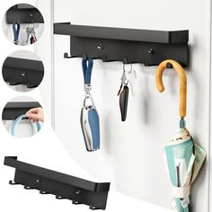 there are several hooks and umbrellas hanging on the wall