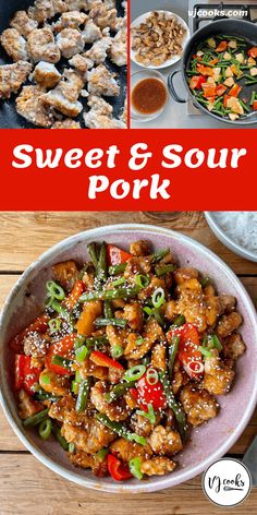 sweet and sour pork with vegetables in a bowl next to other dishes on a wooden table