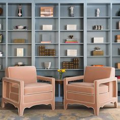 two chairs sitting next to each other in front of bookshelves