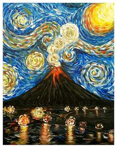 a painting of a volcano with many lights on it's face and water in the foreground