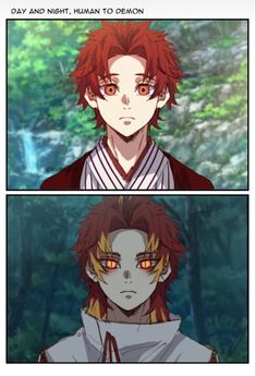 two anime characters with different facial expressions, one is red and the other has orange eyes