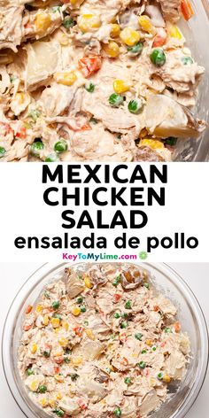 mexican chicken salad in a glass bowl with peas and carrots on top, next to the